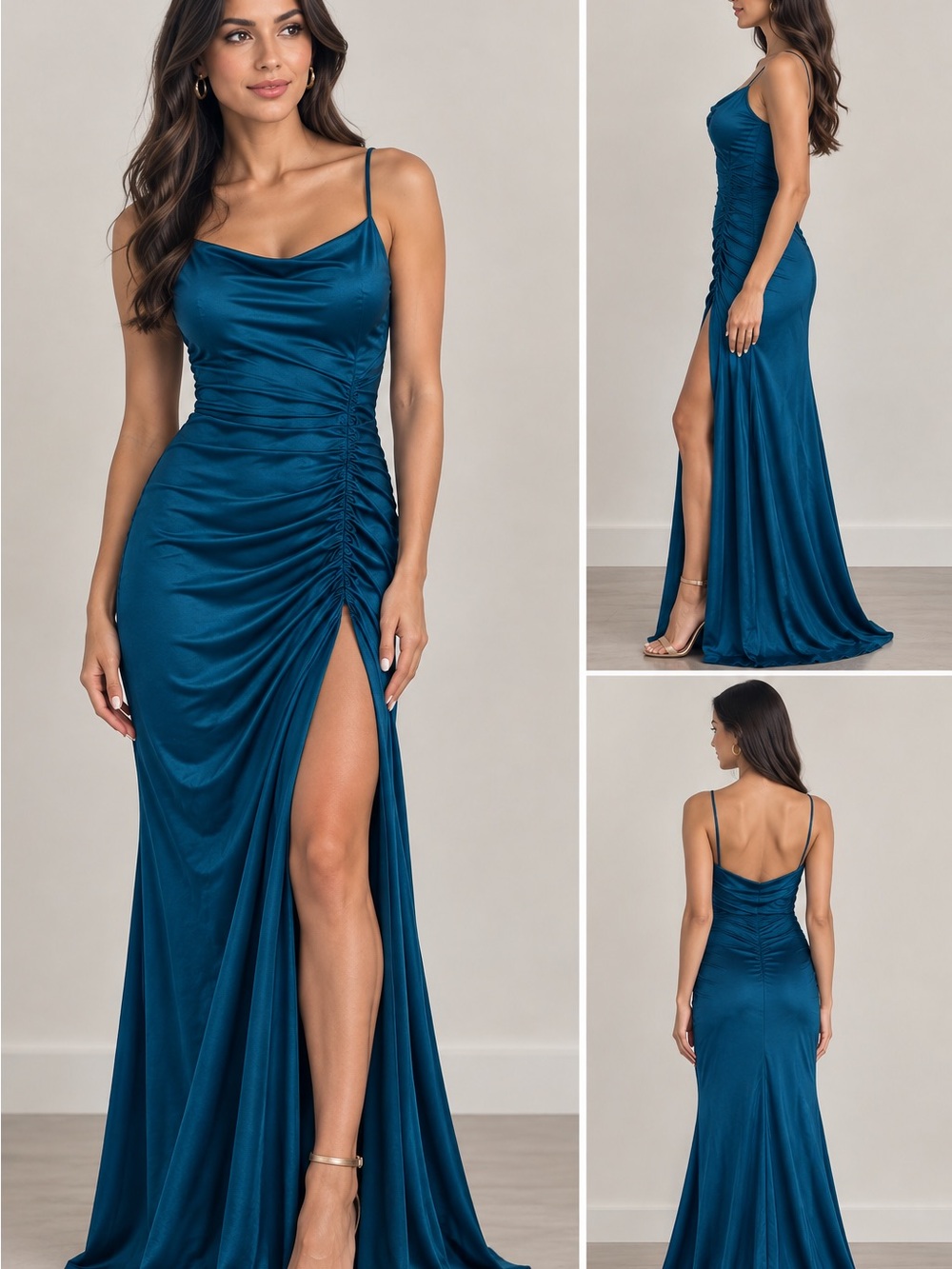 Windsor Esmerald Green Satin Ruched High-Slit Prom Gown